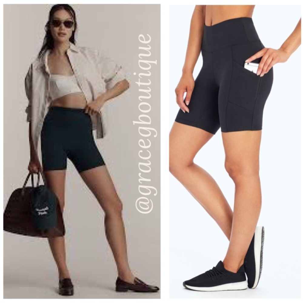 Women's Black Bike Shorts High Waisted Side Pockets Tummy Control Size XL
